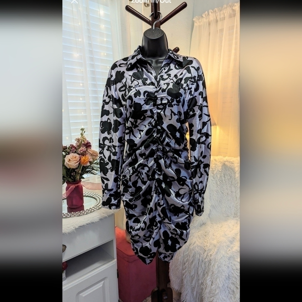 Zara Black Floral Ruched Mini Dress on Light Gray Background